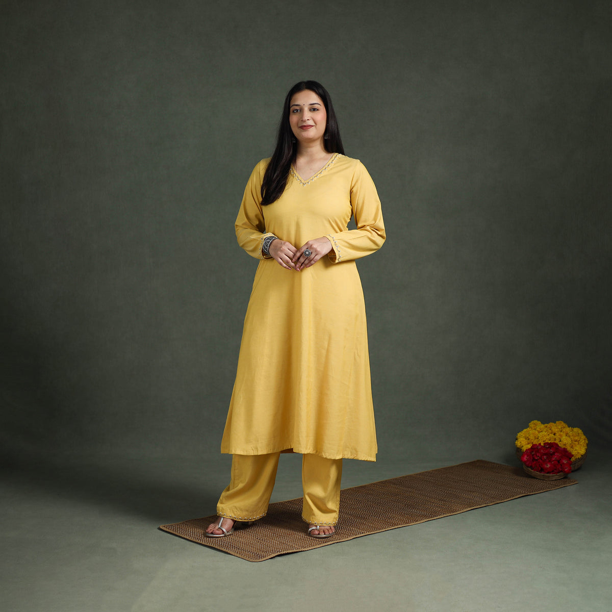 Plain Banana Fiber Soft Cotton Bead Work A-Line Kurta with Palazzo Set for women 07