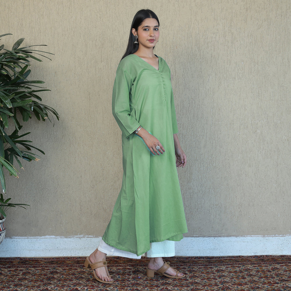 Forest Green - Mulmalai Cotton Plain Dyed A-Line Kurta