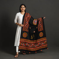 Black - Mirror Work Printed Cotton Kutch Embroidery Dupatta 02