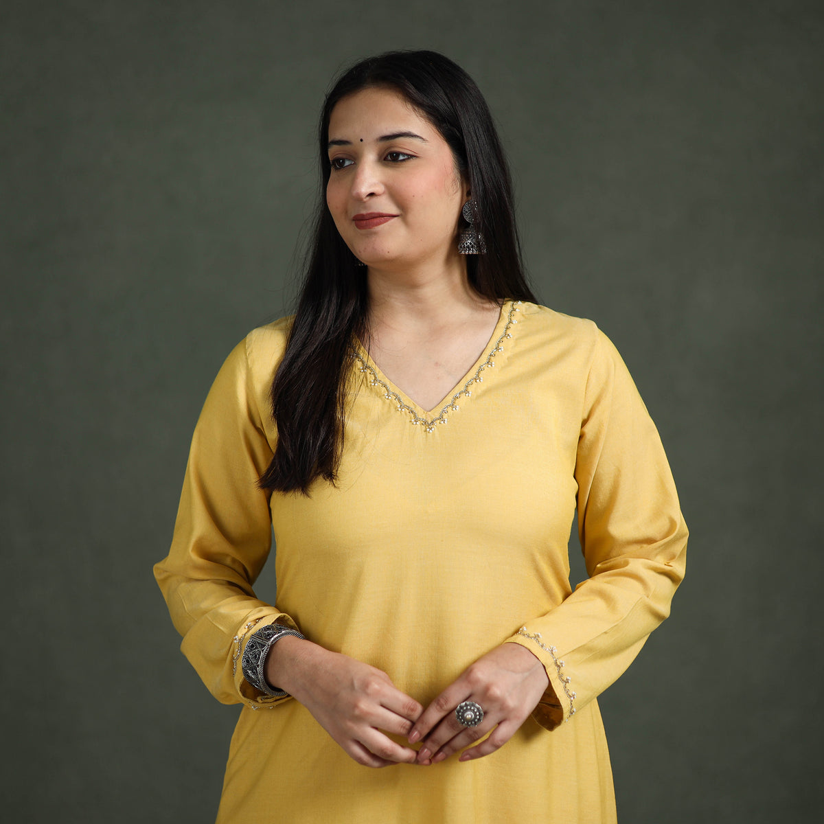 Plain Banana Fiber Soft Cotton Bead Work A-Line Kurta with Palazzo Set for women 07