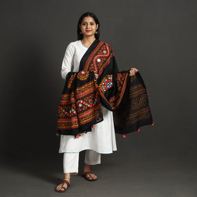 Black - Mirror Work Printed Cotton Kutch Embroidery Dupatta 02