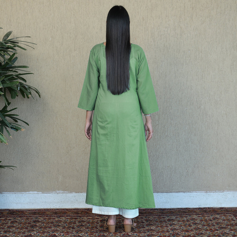 Forest Green - Mulmalai Cotton Plain Dyed A-Line Kurta