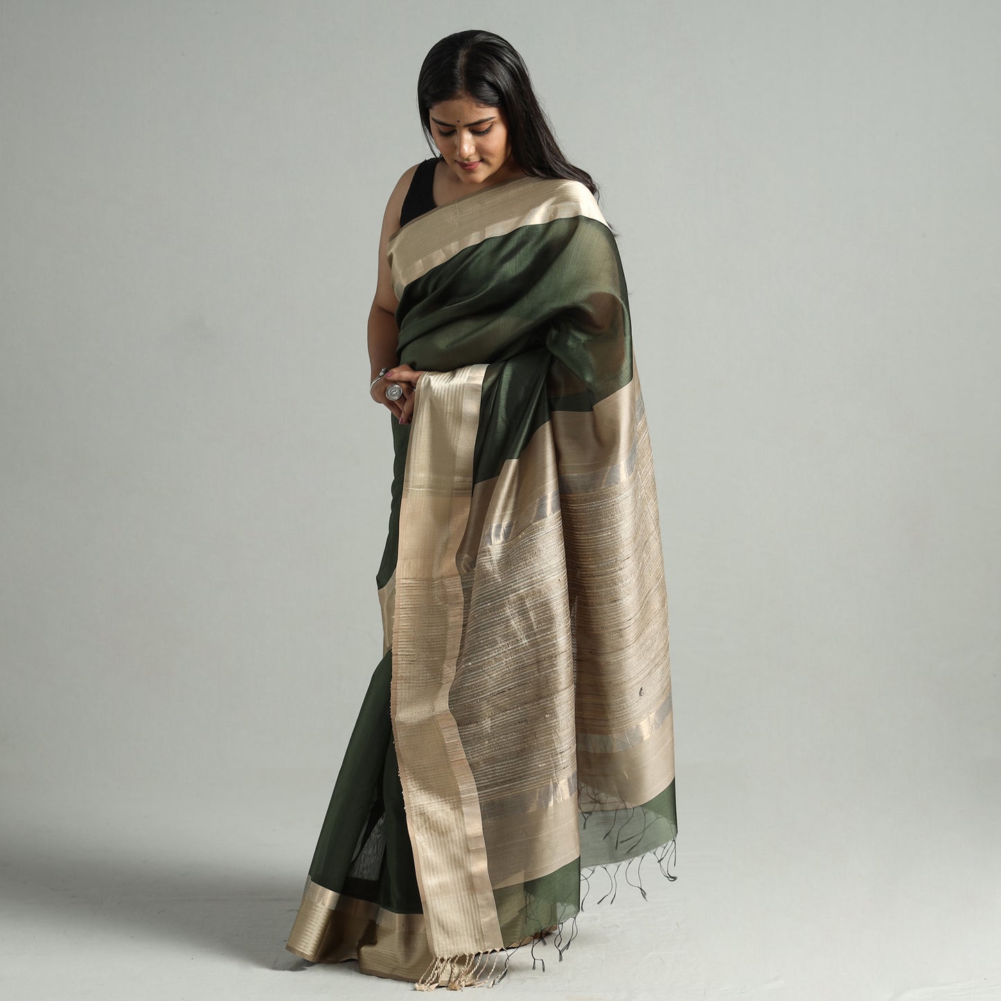 Green - Traditional Mulberry Silk Handloom Saree with Tassels 54