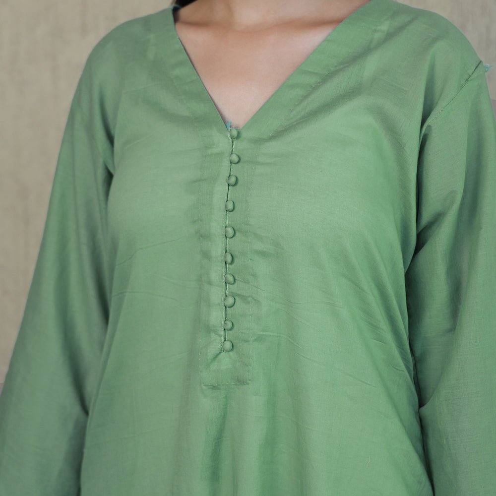 Forest Green - Mulmalai Cotton Plain Dyed A-Line Kurta