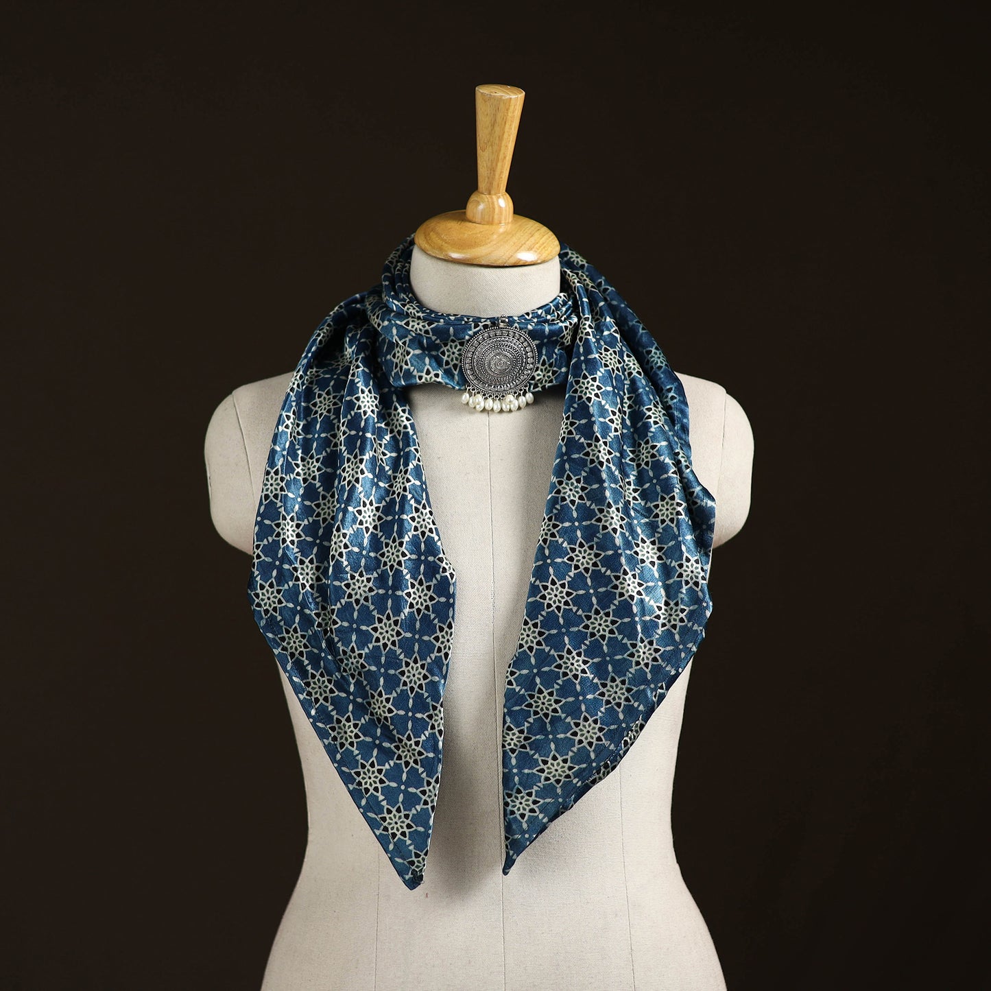Ajrakh Hand Block Print Natural Dyed Modal Silk Brooch Scarf 26