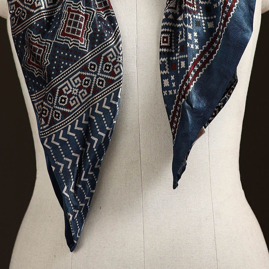 Ajrakh Hand Block Print Natural Dyed Modal Silk Brooch Scarf 27