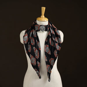 Black - Ajrakh Hand Block Print Natural Dyed Modal Silk Brooch Scarf 29