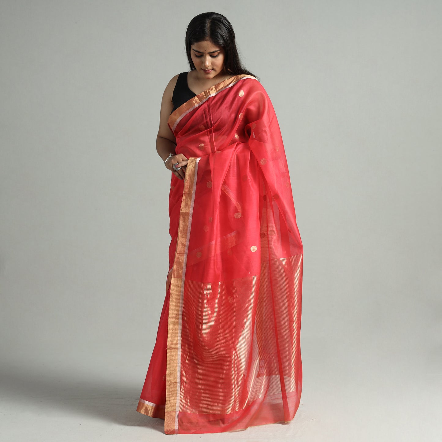 Red - Traditional Chanderi Silk Zari Buti Handloom Saree 55