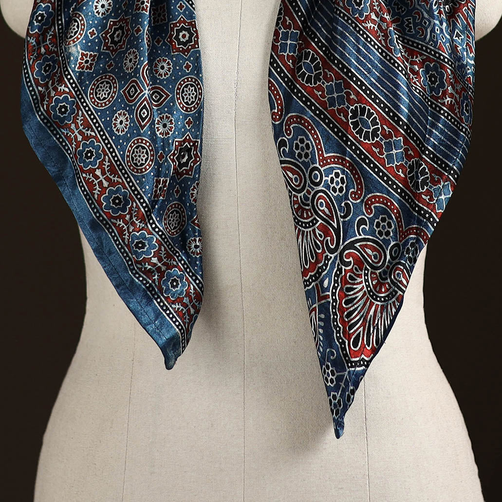 Ajrakh Hand Block Print Natural Dyed Modal Silk Brooch Scarf 30