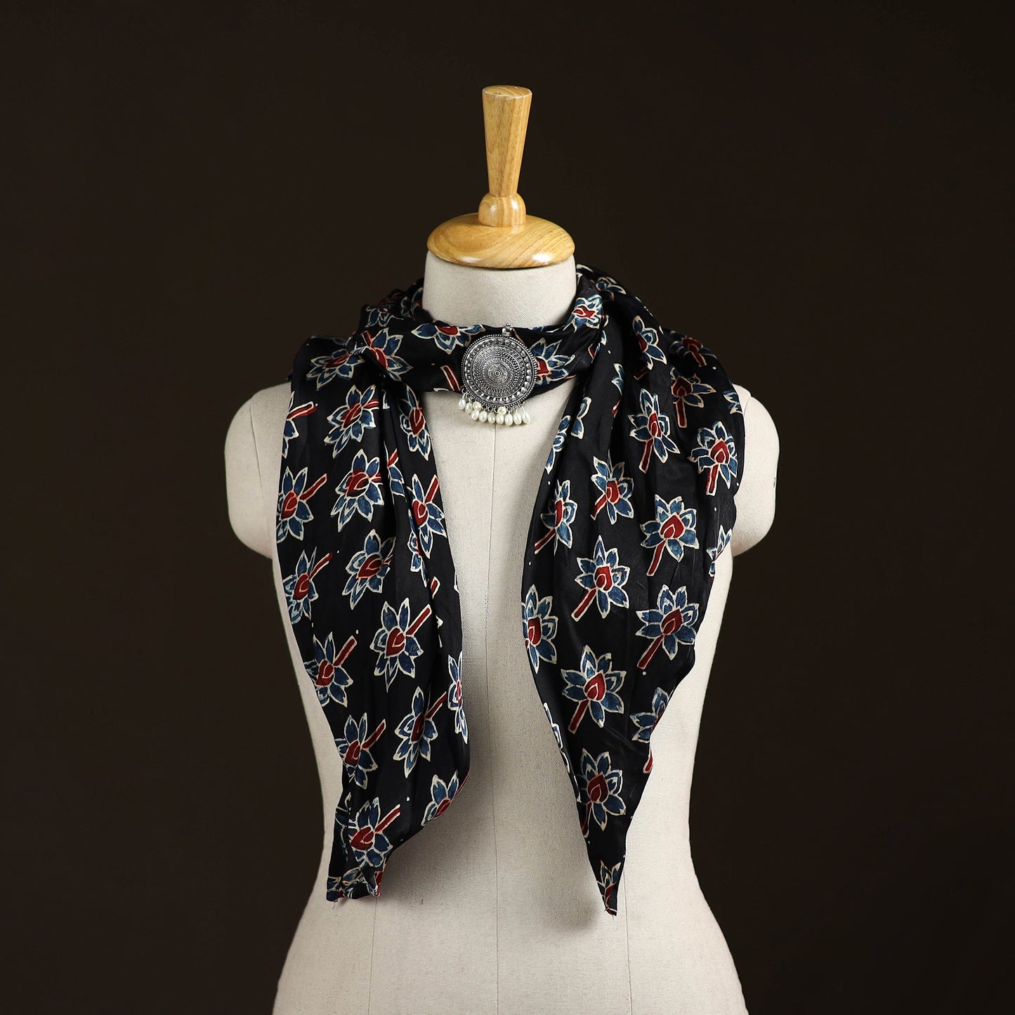 Ajrakh Hand Block Print Natural Dyed Modal Silk Brooch Scarf 31