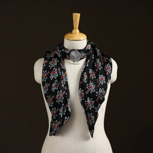 Black - Ajrakh Hand Block Print Natural Dyed Modal Silk Brooch Scarf 31