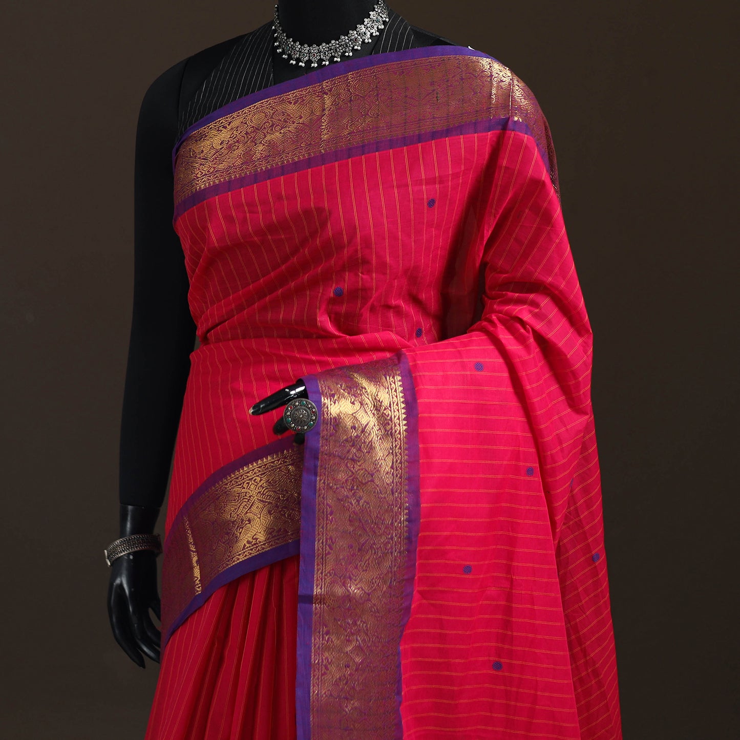 Stripes Buti Cotton Zari Border Kanchipuram Saree 12