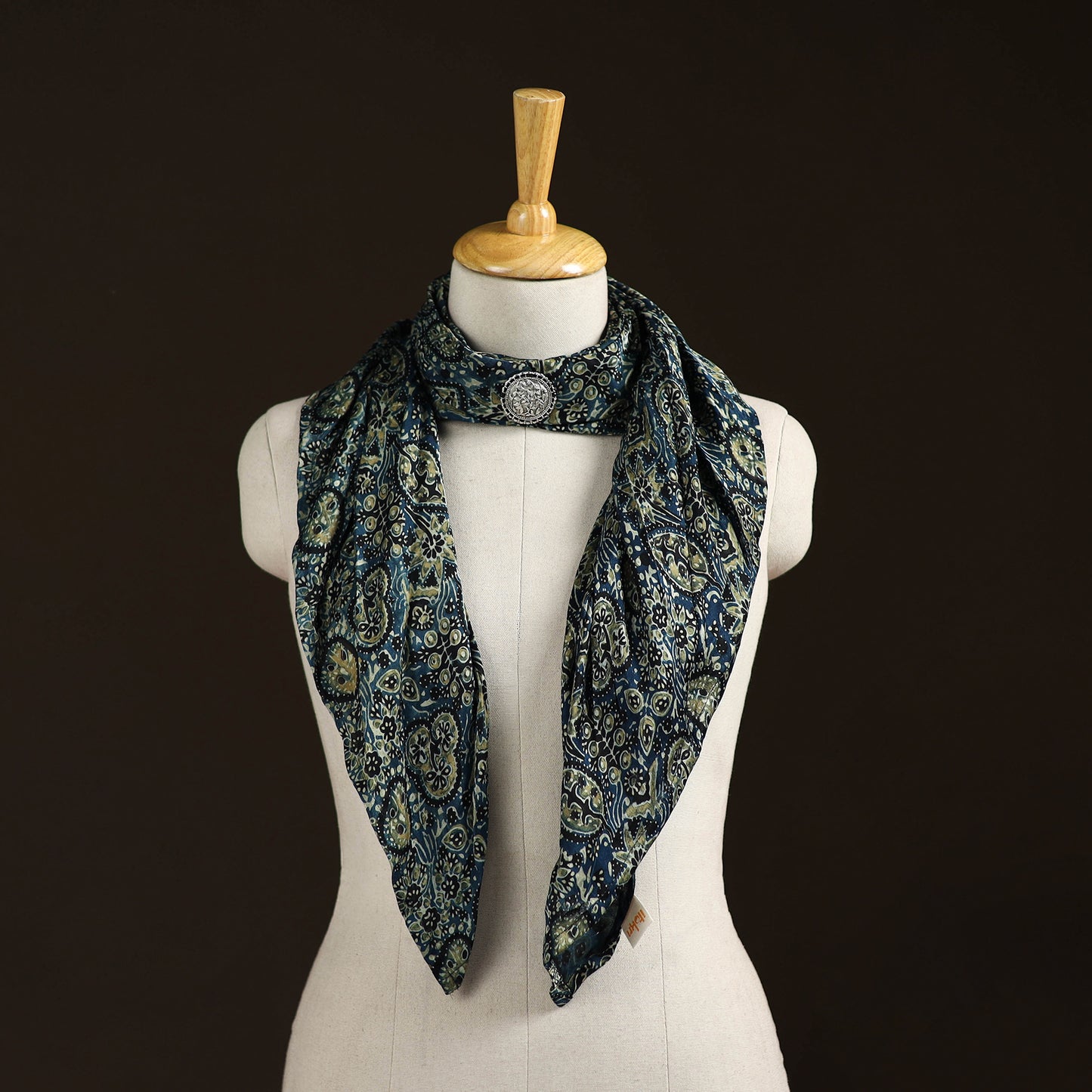 Ajrakh Hand Block Print Natural Dyed Modal Silk Brooch Scarf 33
