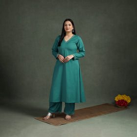 Plain Banana Fiber Soft Cotton Bead Work A-Line Kurta with Palazzo Set for women 06
