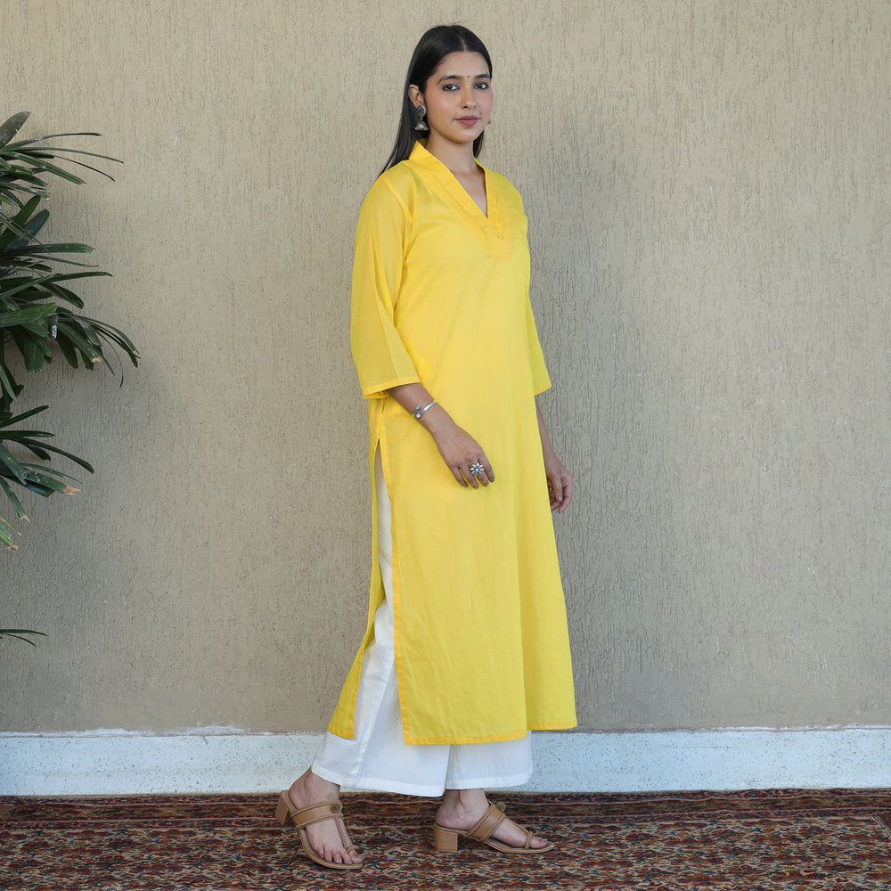 Yellow - Mulmalai Cotton Plain Dyed Straight Kurta