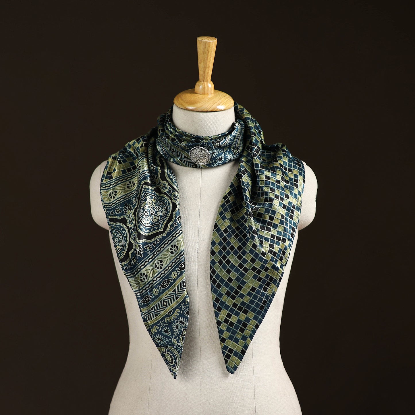 Ajrakh Hand Block Print Natural Dyed Modal Silk Brooch Scarf 34
