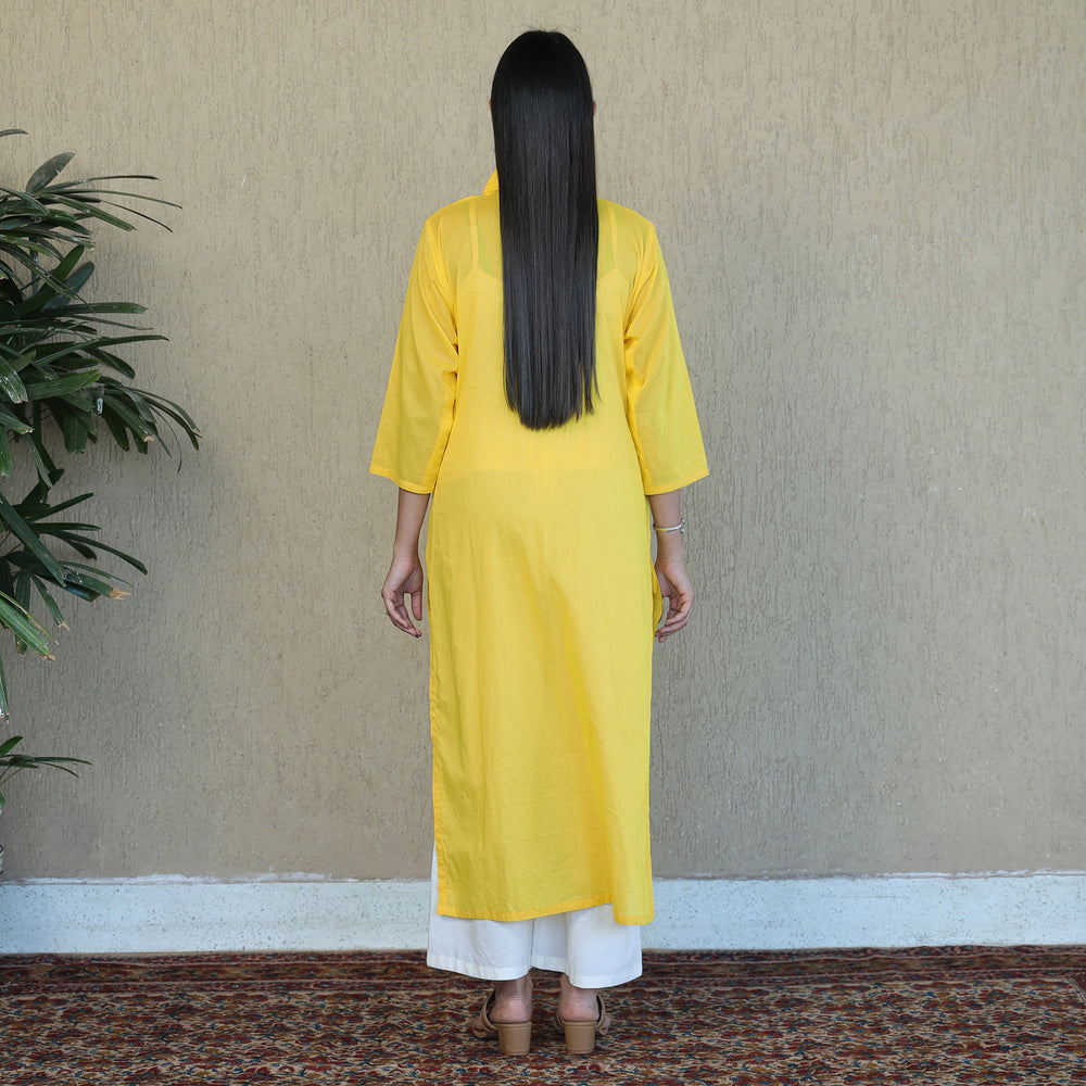 Yellow - Mulmalai Cotton Plain Dyed Straight Kurta