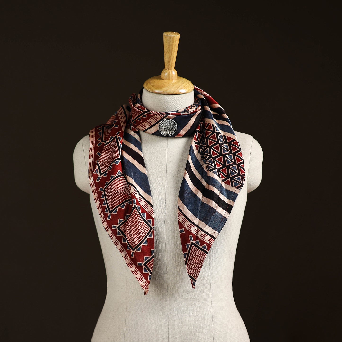 Ajrakh Hand Block Print Natural Dyed Modal Silk Brooch Scarf 35