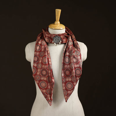 Ajrakh Hand Block Print Natural Dyed Modal Silk Brooch Scarf 36