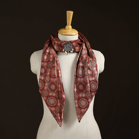 Ajrakh Hand Block Print Natural Dyed Modal Silk Brooch Scarf 36