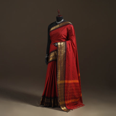 Red - Checks Buti Cotton Zari Border Kanchipuram Saree 13