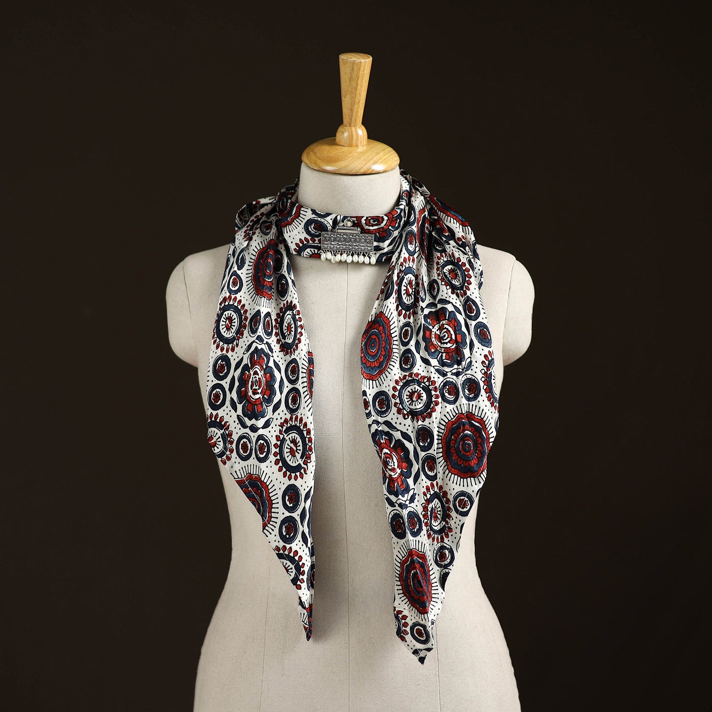 Ajrakh Hand Block Print Natural Dyed Modal Silk Brooch Scarf 37