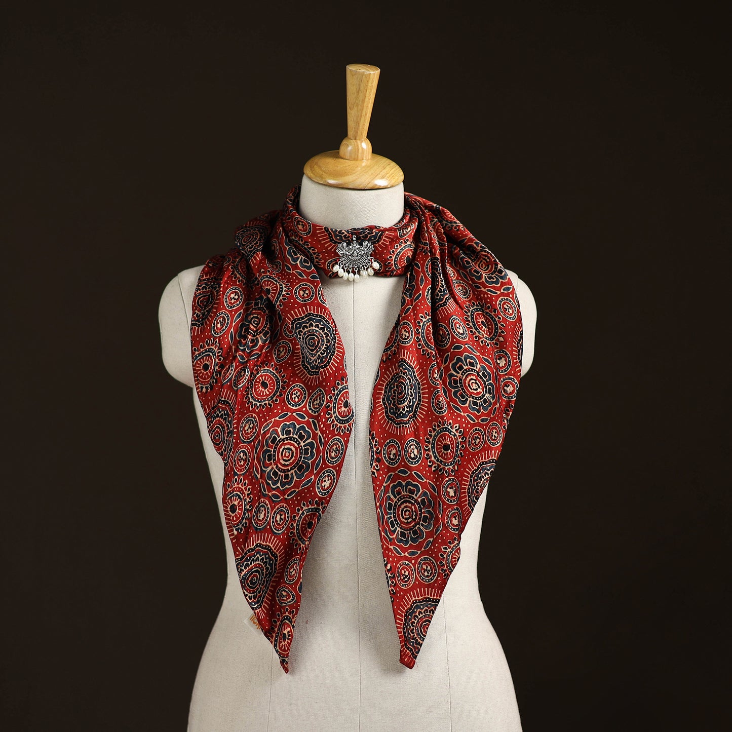 Ajrakh Hand Block Print Natural Dyed Modal Silk Brooch Scarf 38