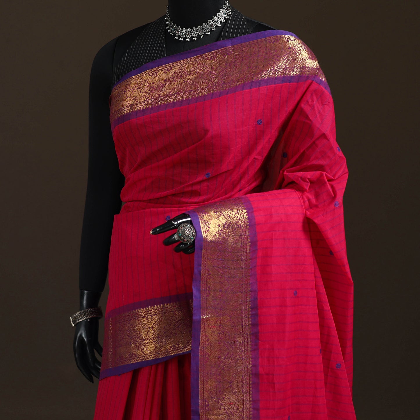 Stripes Buti Cotton Zari Border Kanchipuram Saree 14