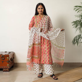  Sanganeri Block Printed Cotton Kurta with Palazzo & Dupatta Set 04 