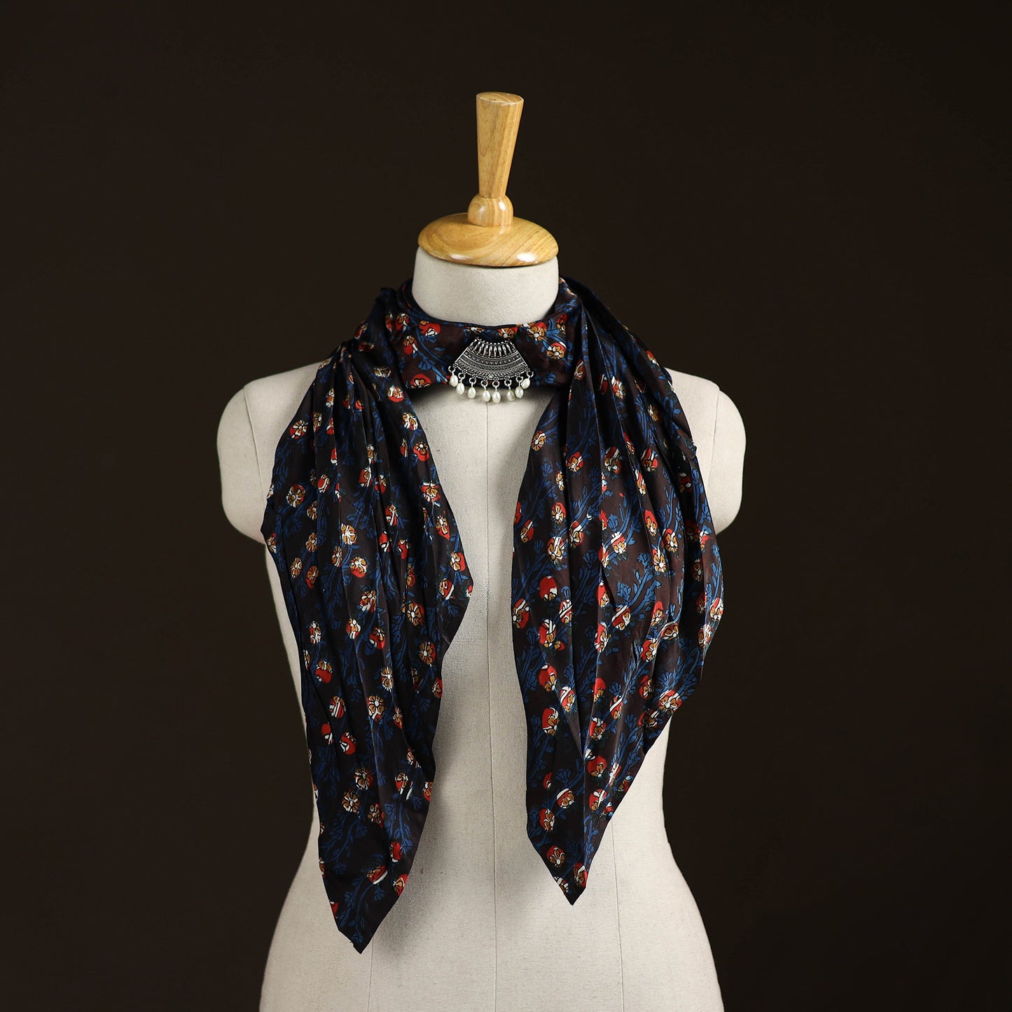 Ajrakh Hand Block Print Natural Dyed Modal Silk Brooch Scarf 39