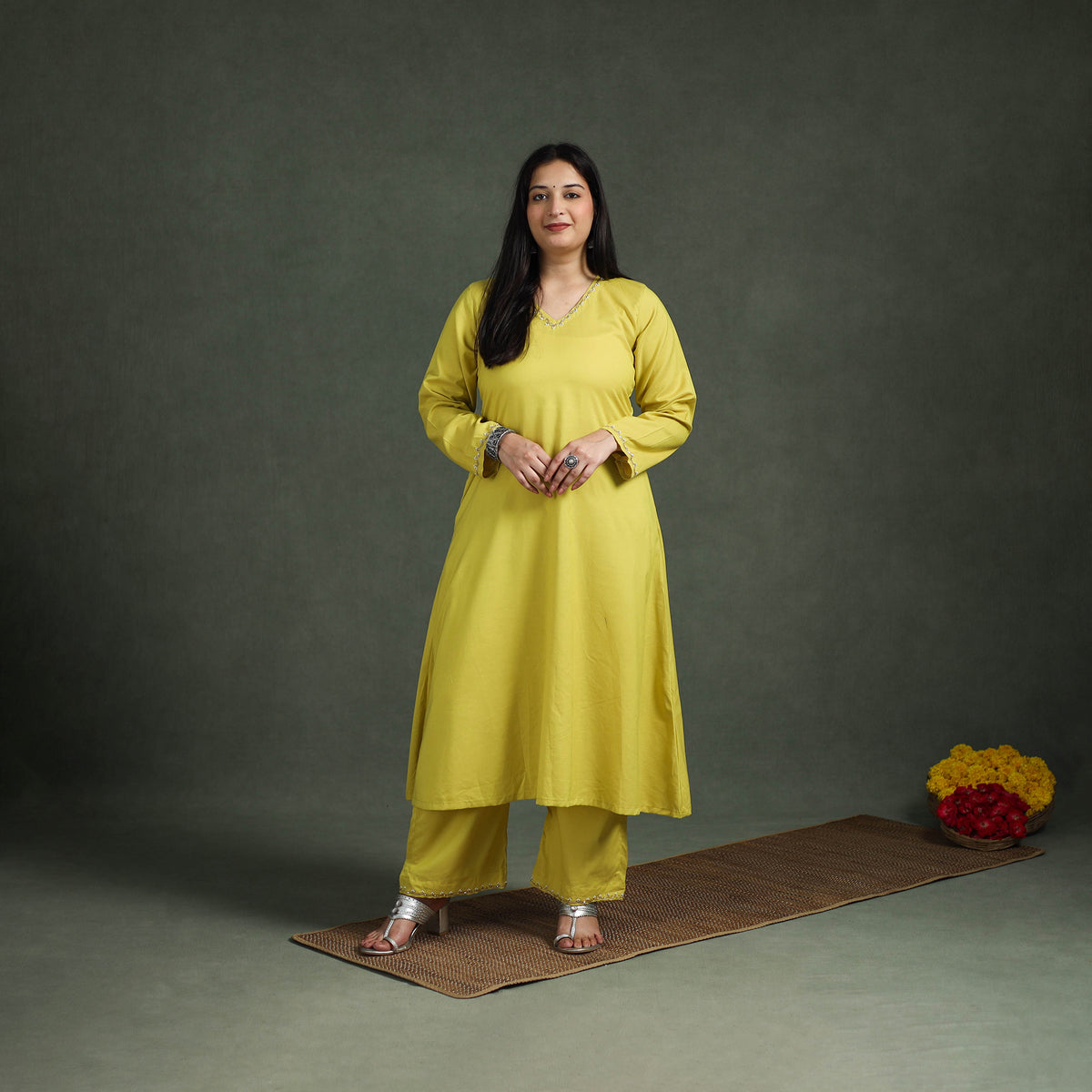 Plain Banana Fiber Soft Cotton Bead Work A-Line Kurta with Palazzo Set for women 09