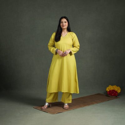 Plain Banana Fiber Soft Cotton Bead Work A-Line Kurta with Palazzo Set for women 09