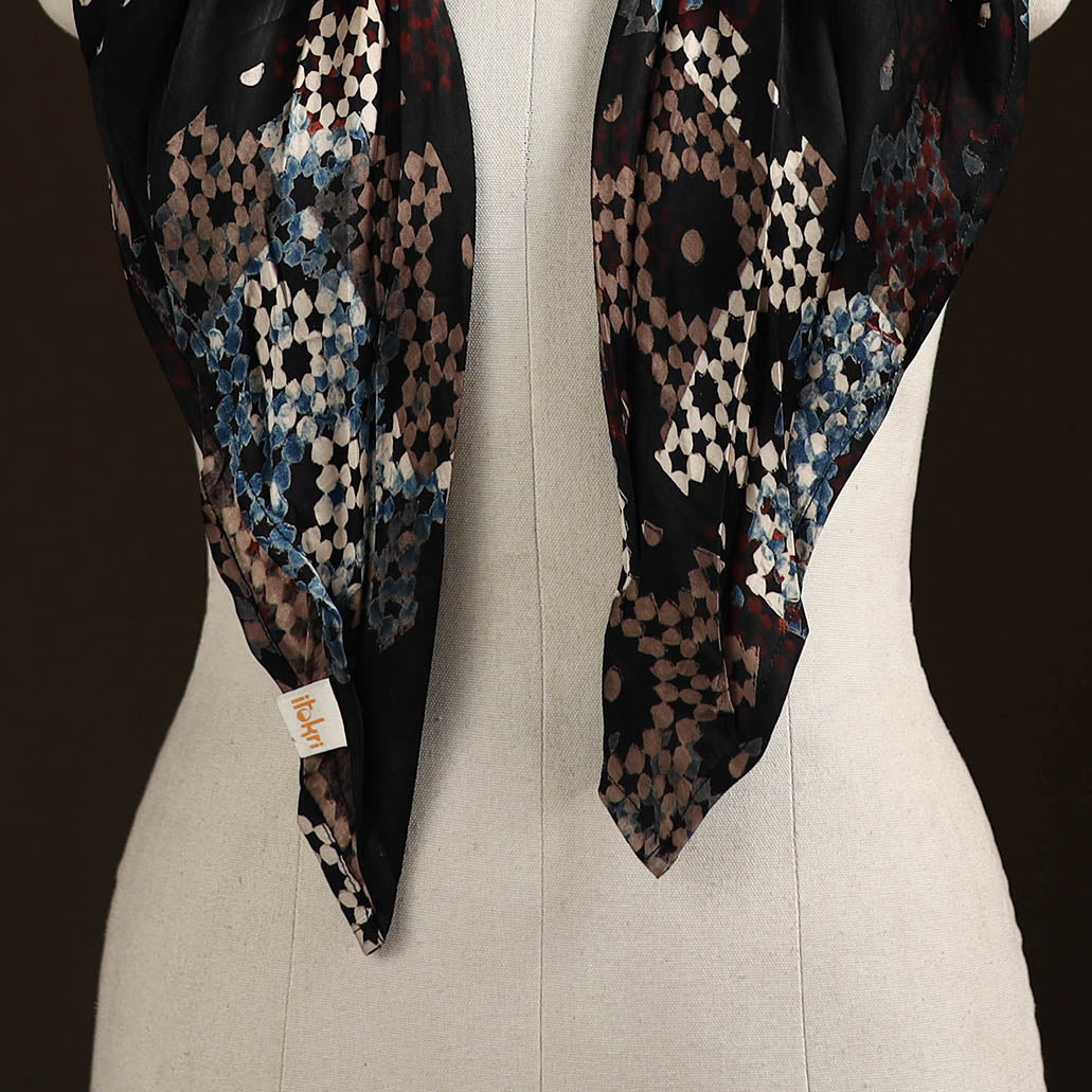 Ajrakh Hand Block Print Natural Dyed Modal Silk Brooch Scarf 42
