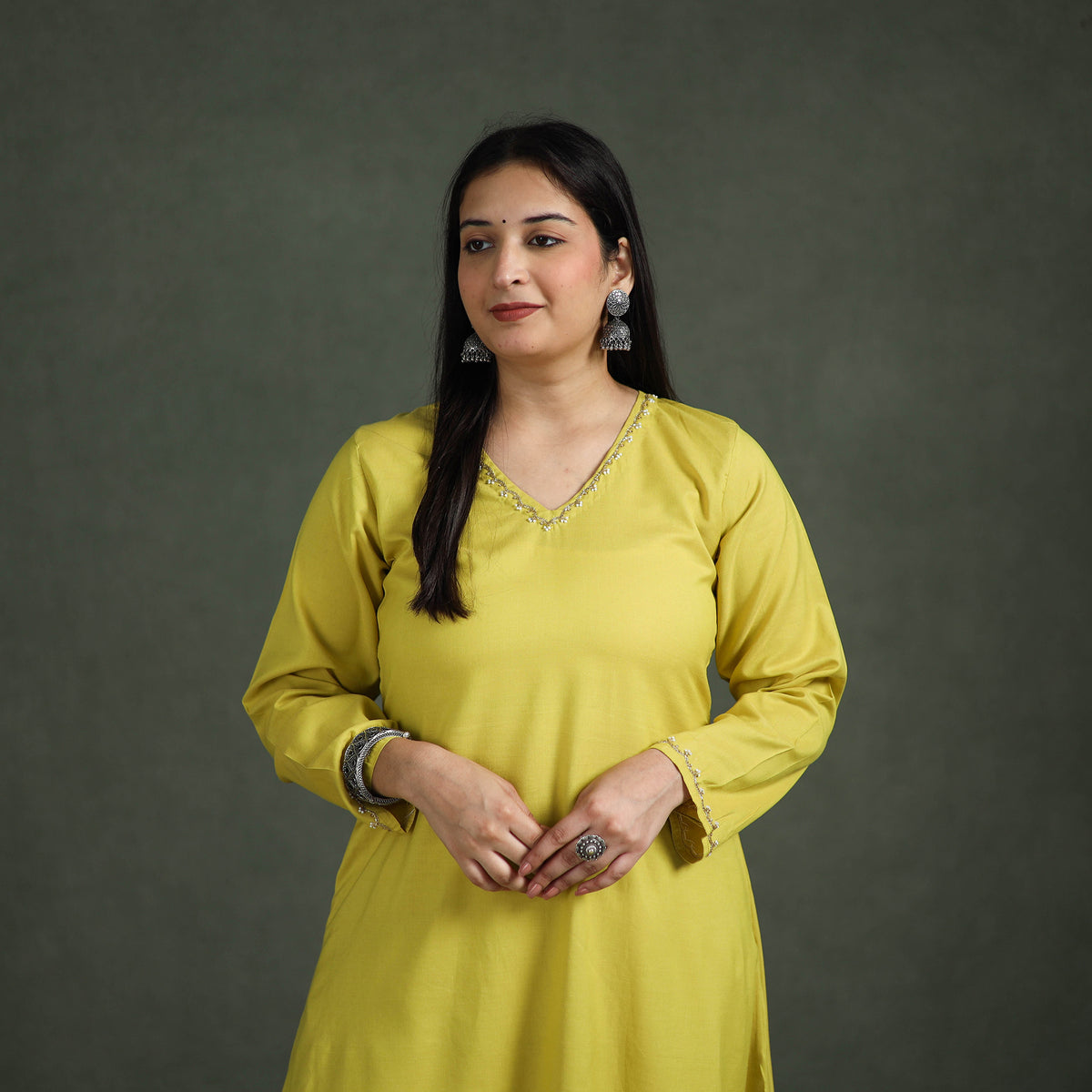 Plain Banana Fiber Soft Cotton Bead Work A-Line Kurta with Palazzo Set for women 09