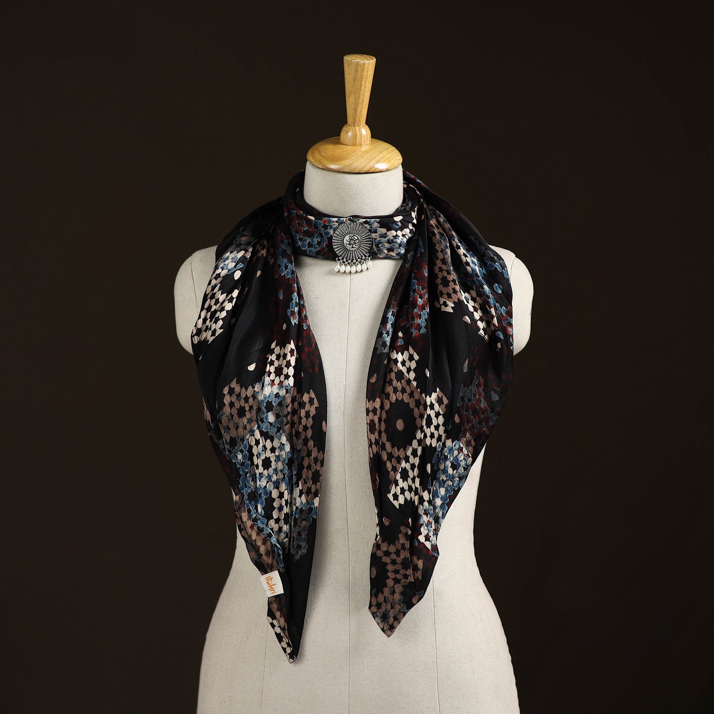 Ajrakh Hand Block Print Natural Dyed Modal Silk Brooch Scarf 42