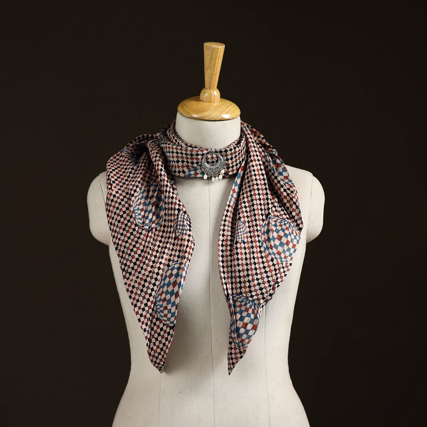 Ajrakh Hand Block Print Natural Dyed Modal Silk Brooch Scarf 43