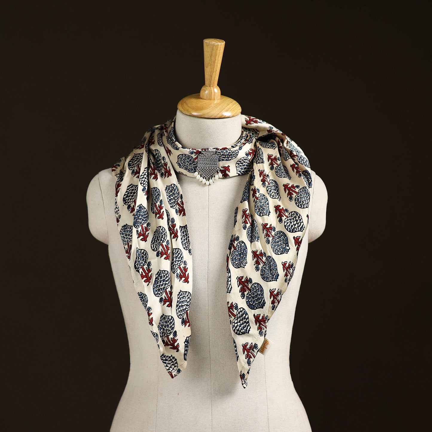 Ajrakh Hand Block Print Natural Dyed Modal Silk Brooch Scarf 44