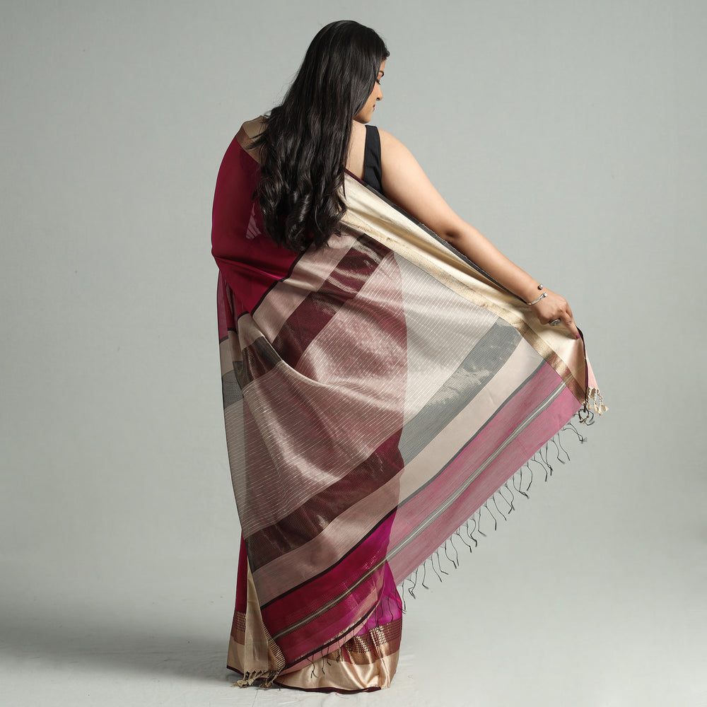 Maroon - Traditional Maheshwari Silk Cotton Handloom Saree with Resham Zari Border 57