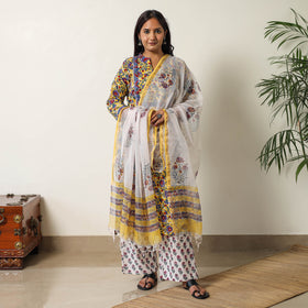  Sanganeri Block Printed Cotton Kurta with Palazzo & Dupatta Set 05 