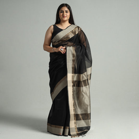 Black - Traditional Maheshwari Silk Cotton Handloom Saree with Resham Zari Border 58