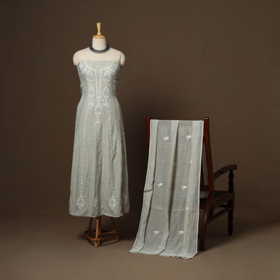 Green - 2pc mul chanderi semi stitched hand beads work