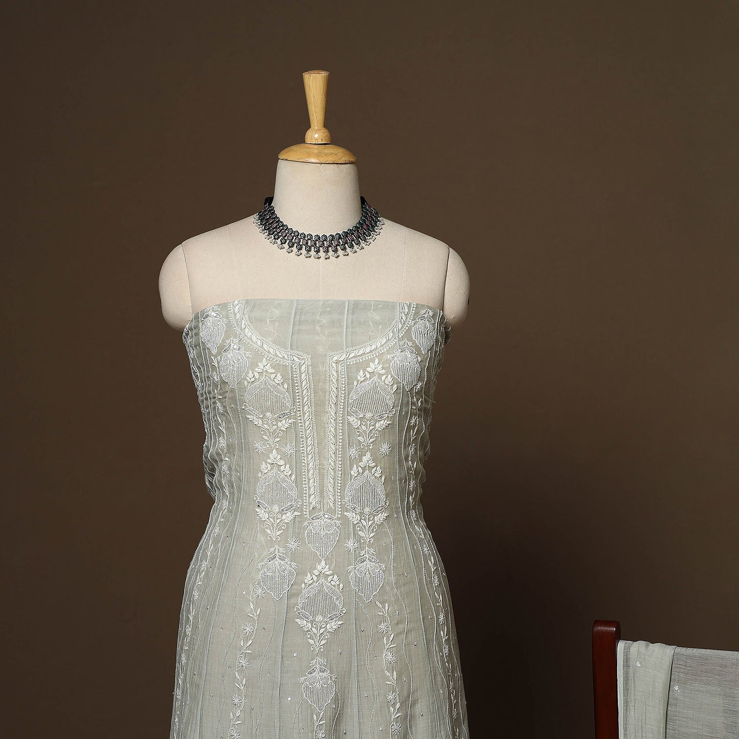 Green - 2pc mul chanderi semi stitched hand beads work