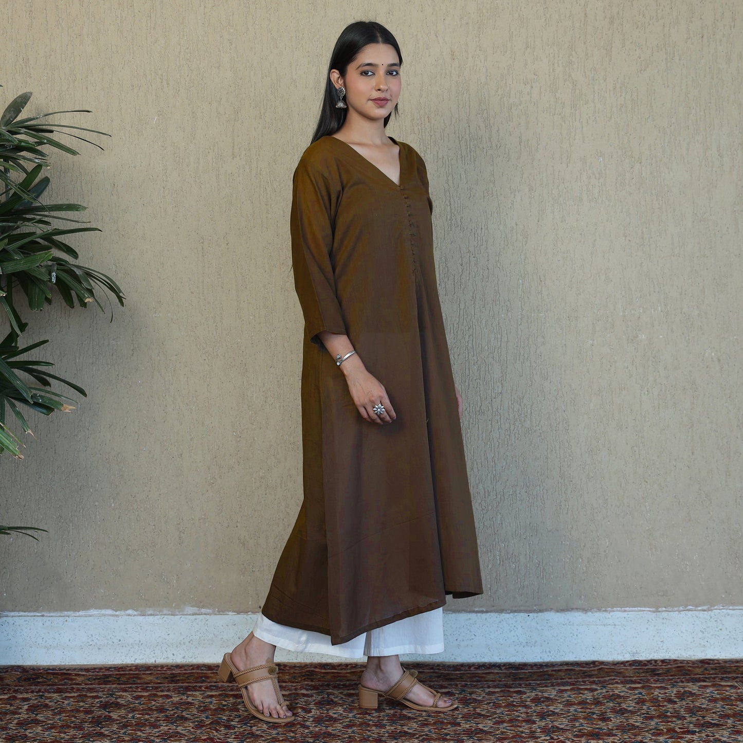 Brown - Mulmalai Cotton Plain Dyed A-Line Kurta