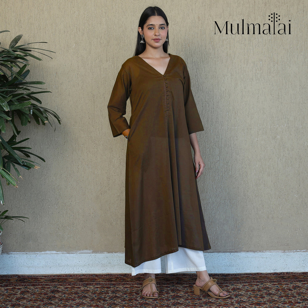 Brown - Mulmalai Cotton Plain Dyed A-Line Kurta