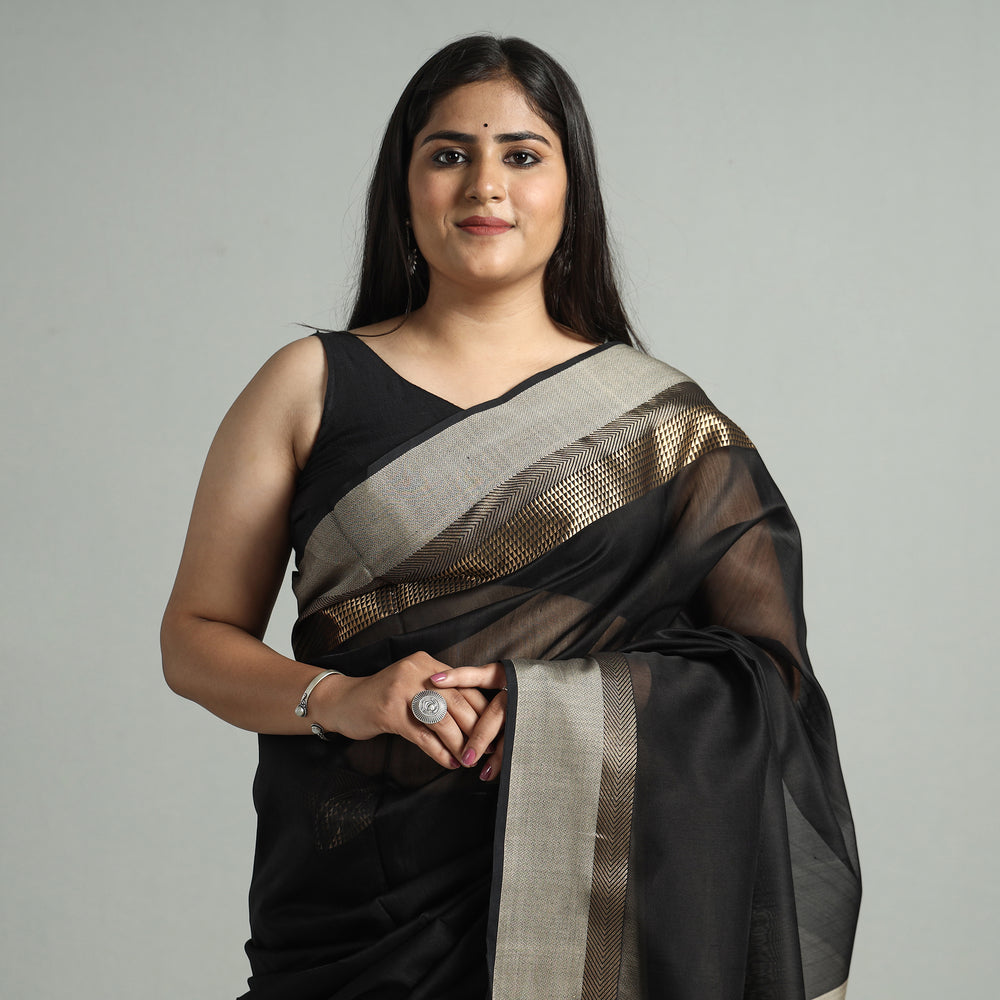 Black - Traditional Maheshwari Silk Cotton Handloom Saree with Resham Zari Border 58