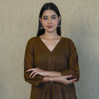 Brown - Mulmalai Cotton Plain Dyed A-Line Kurta