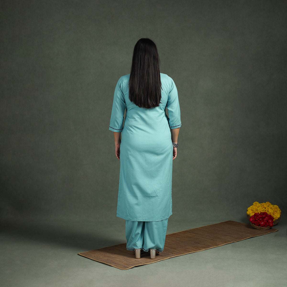 Plain Banana Fiber Soft Cotton Bead Work Straight Kurta with Palazzo Set for women 04