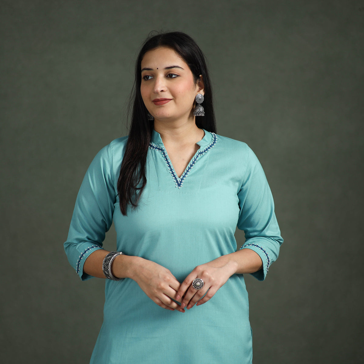 Plain Banana Fiber Soft Cotton Bead Work Straight Kurta with Palazzo Set for women 04
