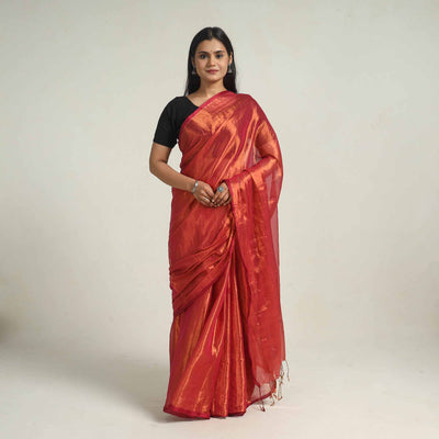 Red - Bengal Fine Tissue Zari Saree 02