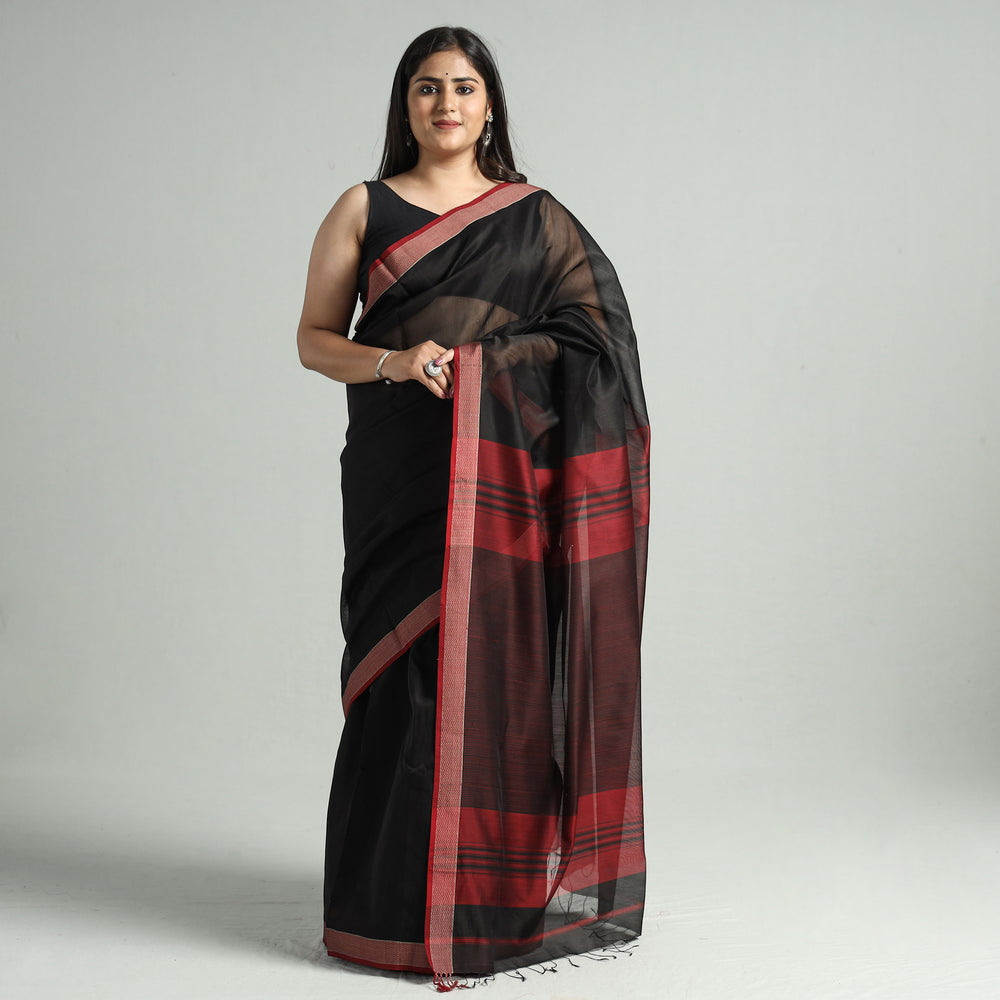 Black - Traditional Maheshwari Silk Cotton Handloom Saree with Thread Border 59